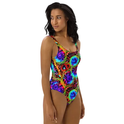 Neon Bloomstorm on a One-Piece Swimsuit