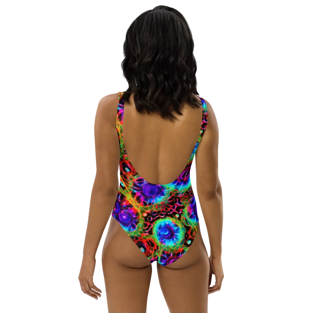 Neon Bloomstorm on One-Piece Swimsuit — Back
