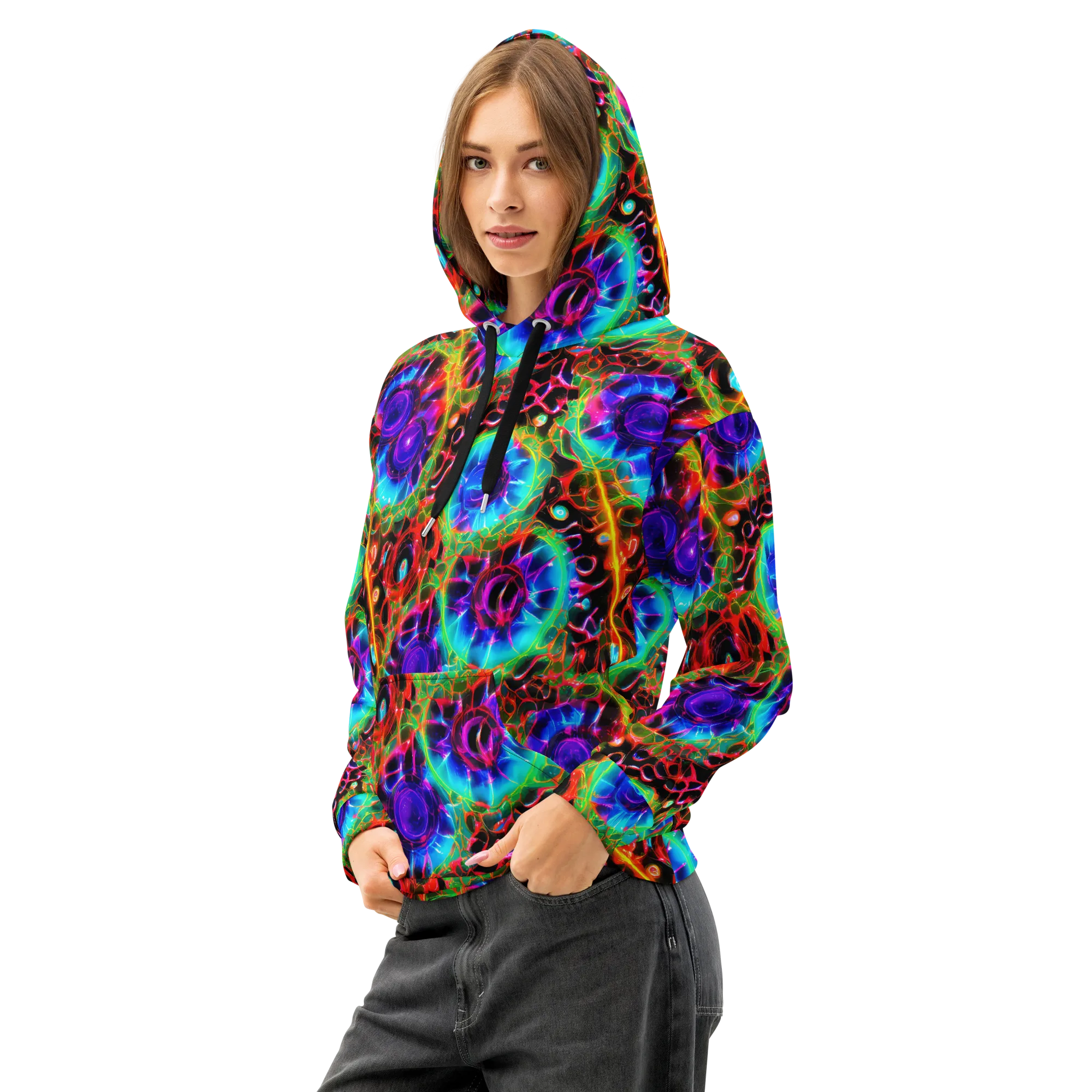 Neon Bloomstorm on Cotton Hoodie — Left Front