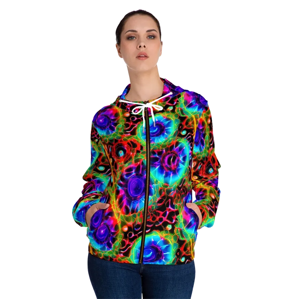 Neon Bloomstorm on Women's Full-Zip Hoodie — Front On Person