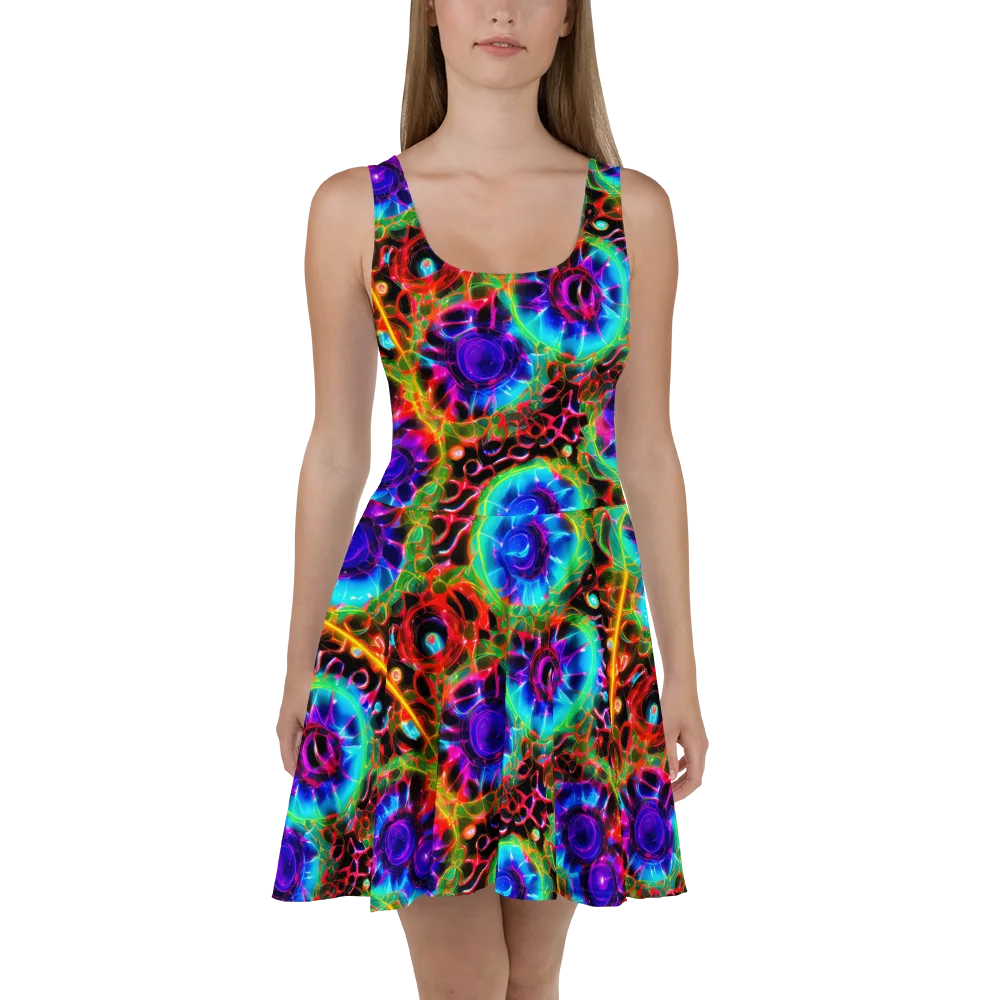 Neon Bloomstorm on Skater Dress — Front