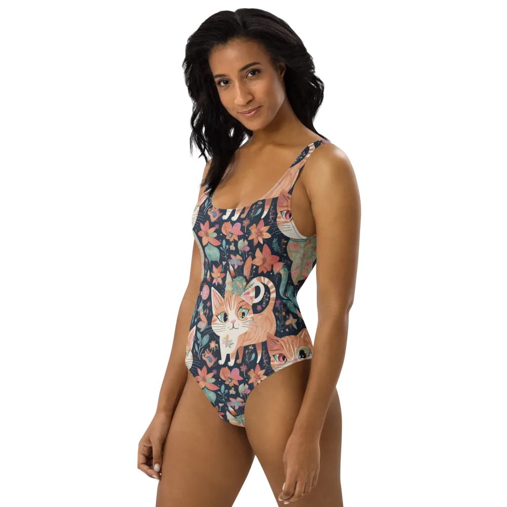 Moonlit Cat Garden on One-Piece Swimsuit — Left