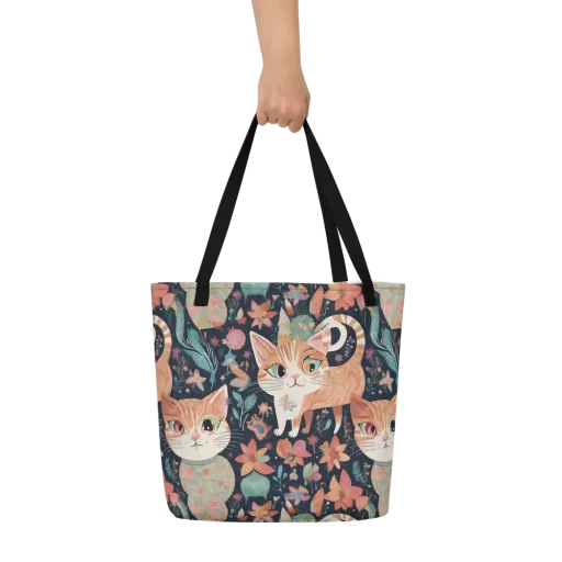 Moonlit Cat Garden on a Large Tote Bag W/ Pocket