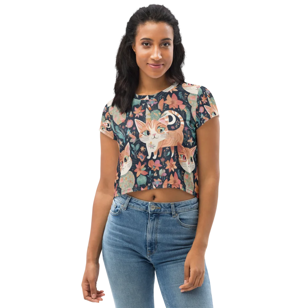 Moonlit Cat Garden on Crop Tee — Front