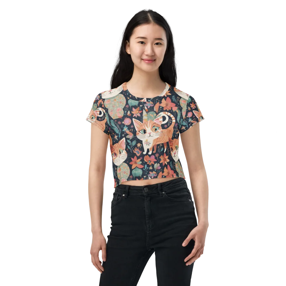 Moonlit Cat Garden on Crop Tee — Front