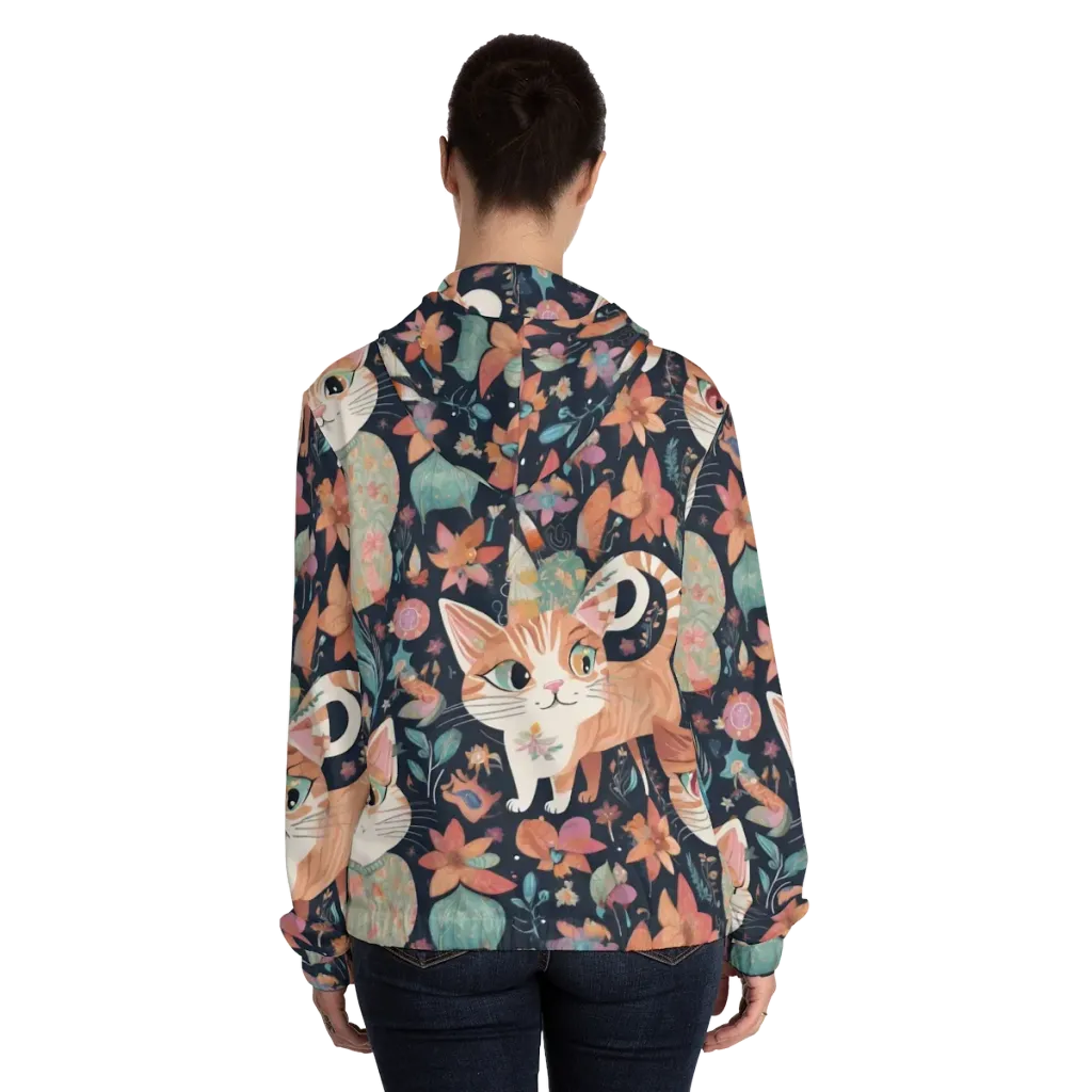 Moonlit Cat Garden on Women's Full-Zip Hoodie — Back On Person