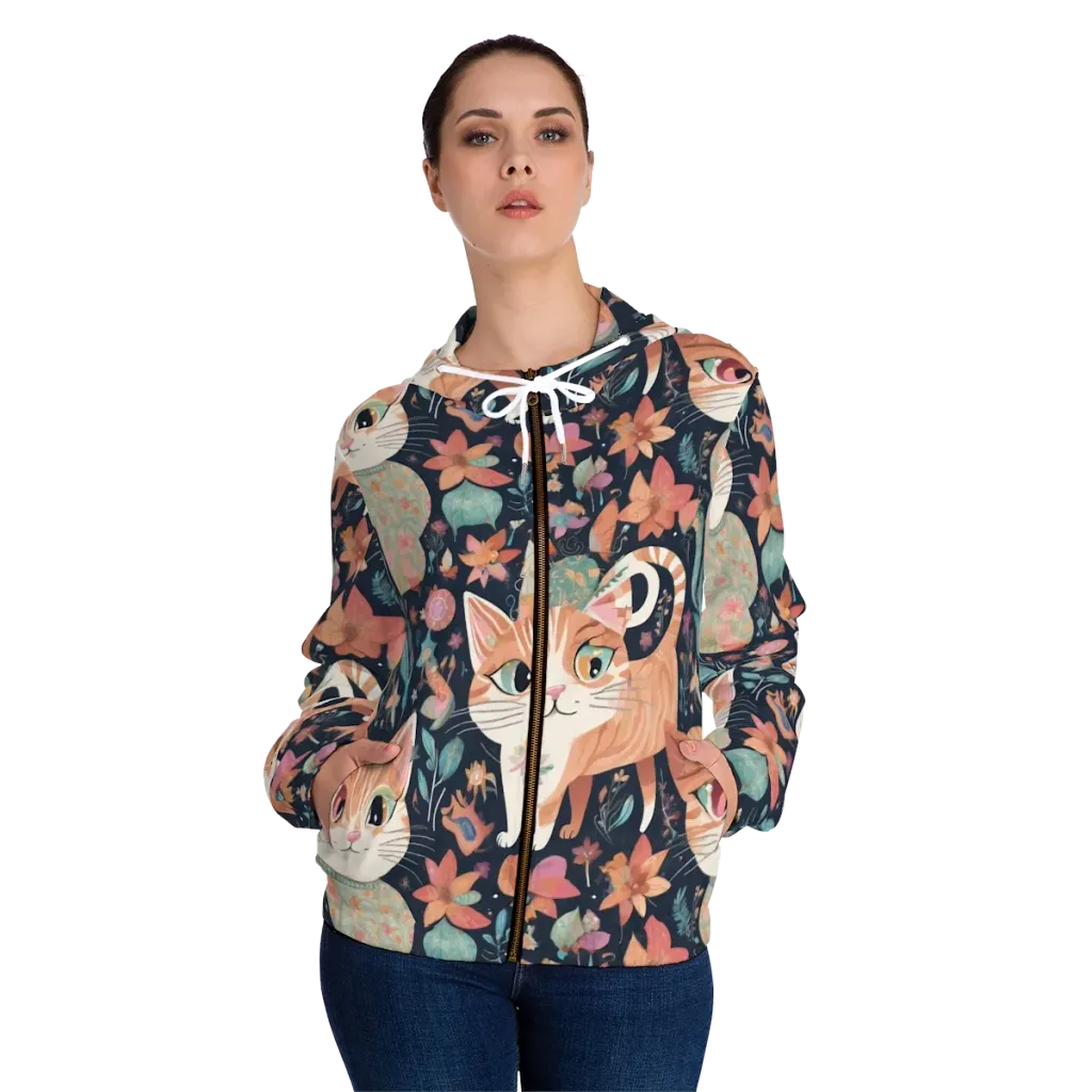 Moonlit Cat Garden on Women's Full-Zip Hoodie — Front On Person