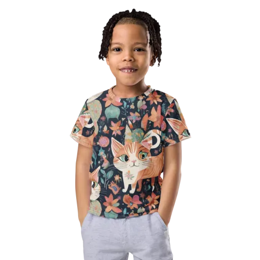 Moonlit Cat Garden on a Kids Crew Neck T-Shirt