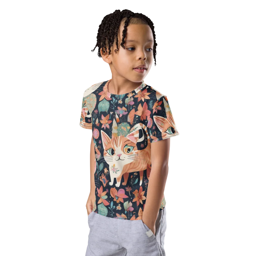 Moonlit Cat Garden on Kids Crew Neck T-Shirt — Left Front