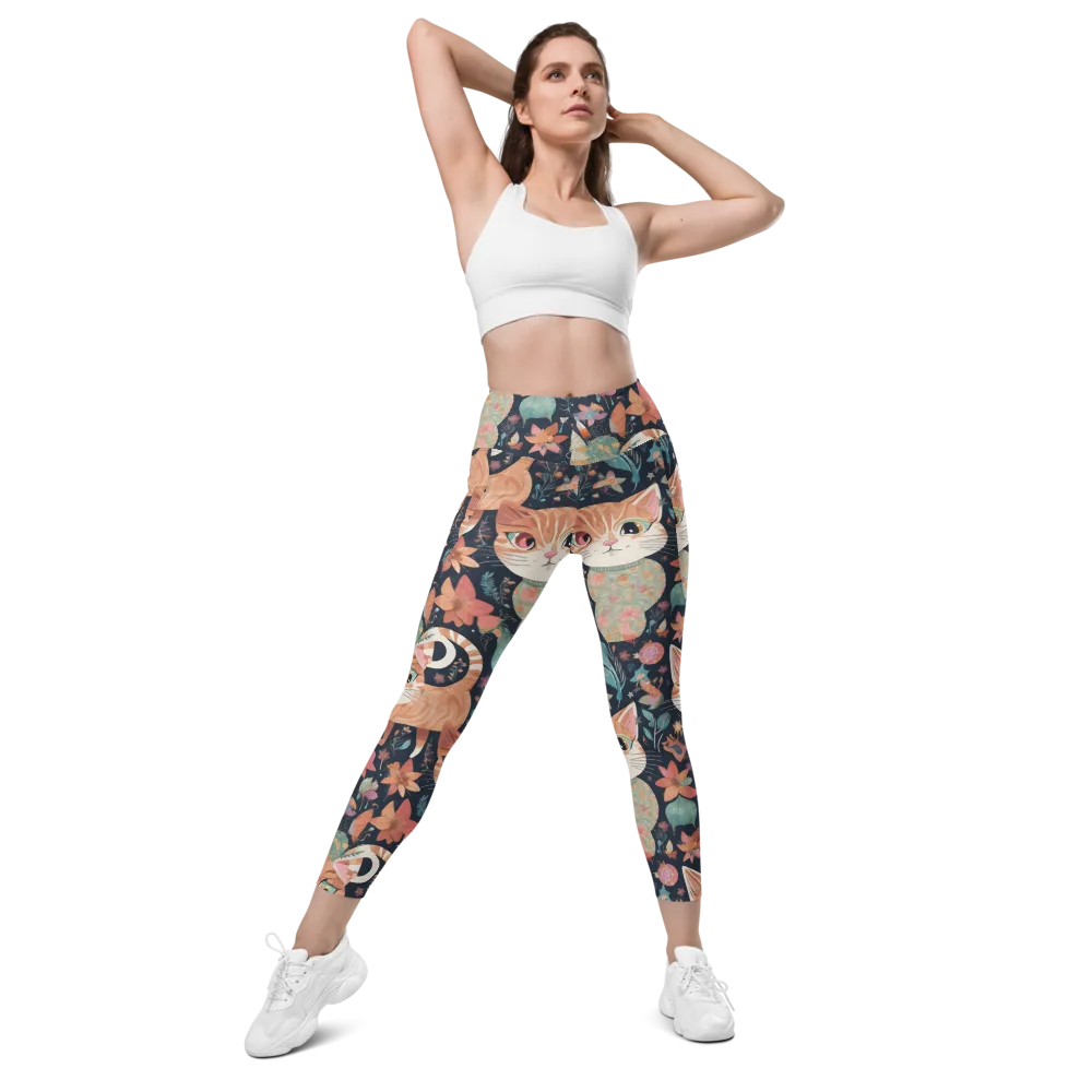 Moonlit Cat Garden on Leggings with Pockets — Front