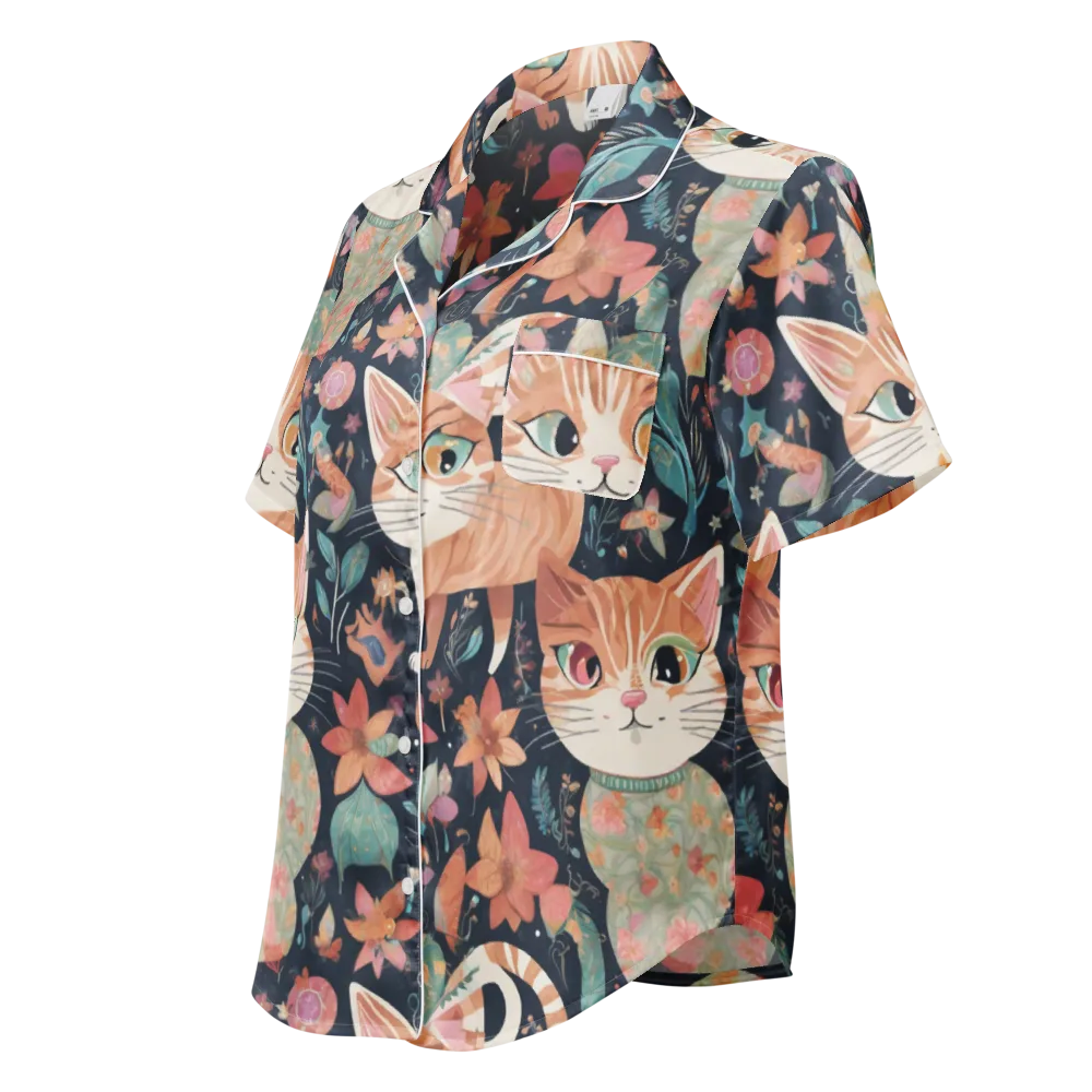 Moonlit Cat Garden on Women's Short Sleeve Pajama Top — Left Front