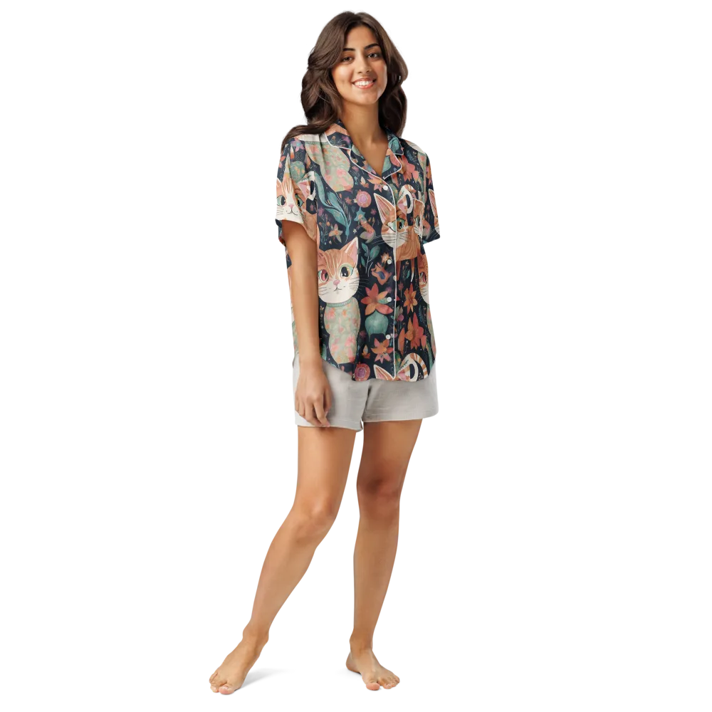 Moonlit Cat Garden on Women's Short Sleeve Pajama Top — Front