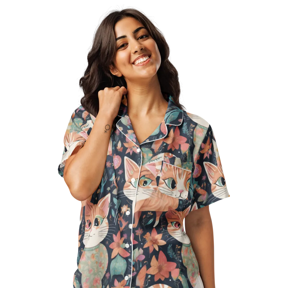 Moonlit Cat Garden on Women's Short Sleeve Pajama Top — Front