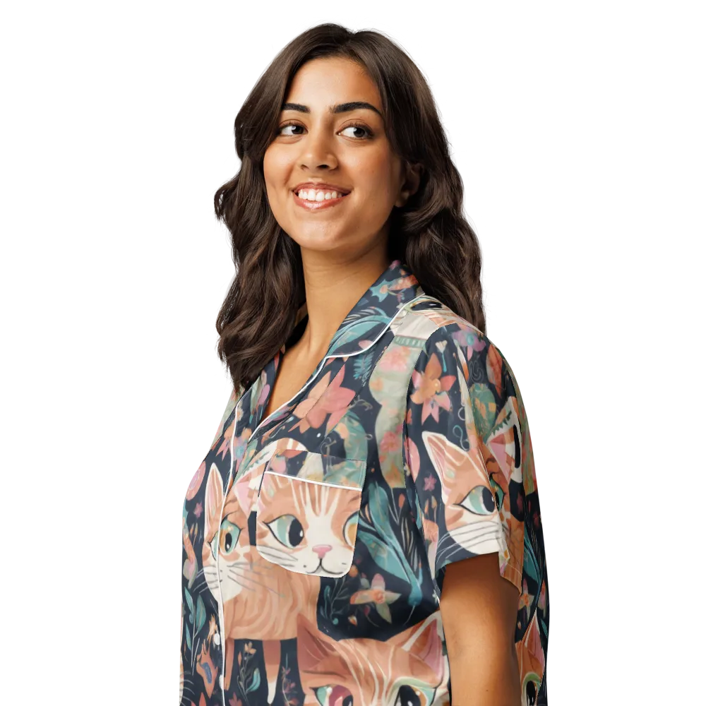 Moonlit Cat Garden on Women's Short Sleeve Pajama Top — Left Front