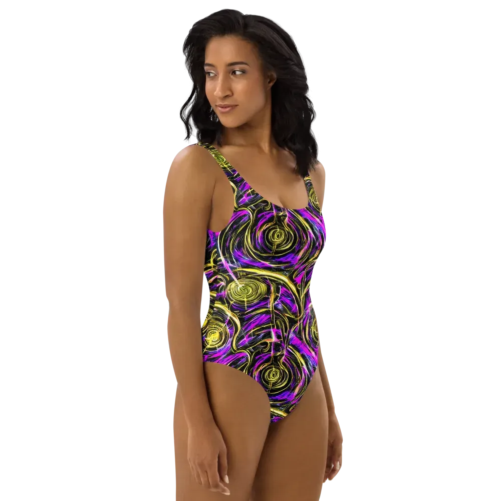 Ultraviolet Whirl on One-Piece Swimsuit — Right