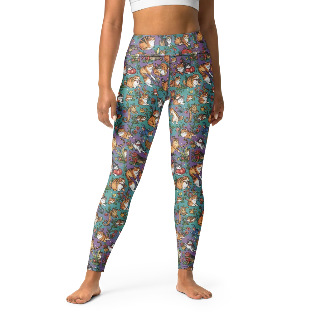 Feline Garden on Yoga Leggings — Front