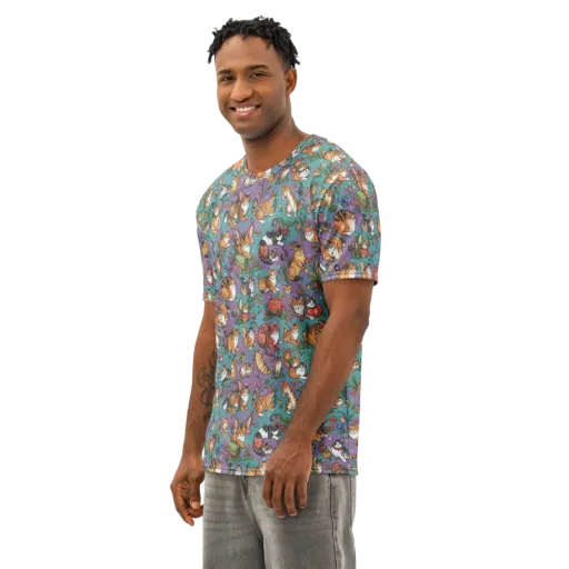Feline Garden on a Men's Cotton Crew Neck T-Shirt