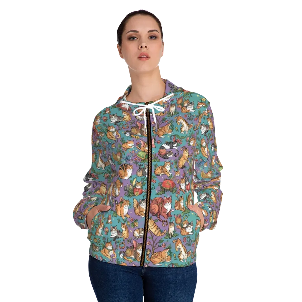 Feline Garden on Women's Full-Zip Hoodie — Front On Person