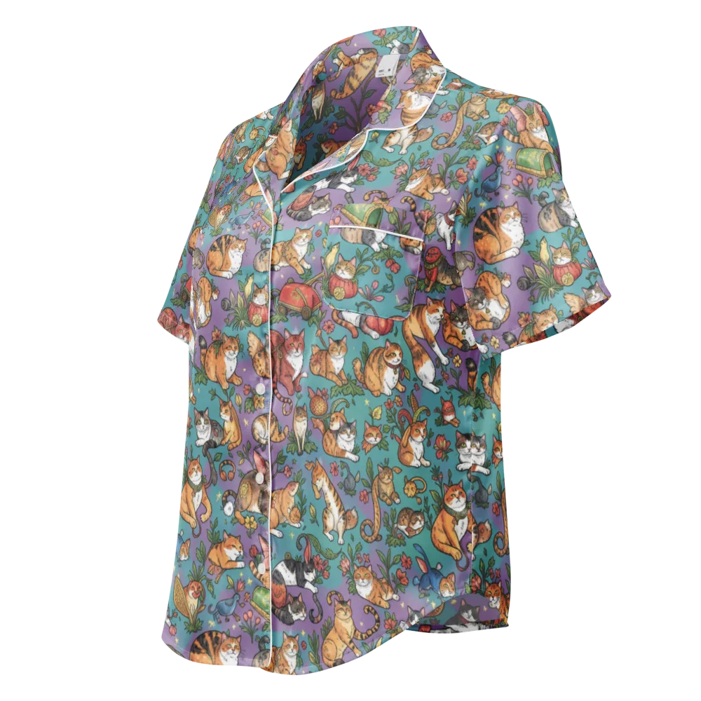 Feline Garden on Women's Short Sleeve Pajama Top — Left Front
