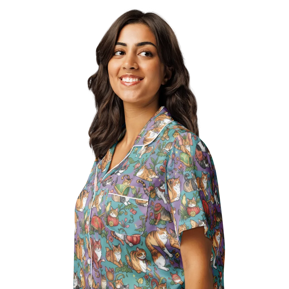Feline Garden on Women's Short Sleeve Pajama Top — Left Front