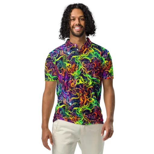 Liquid Fireworks on a Men's Slim Fit Polo Shirt