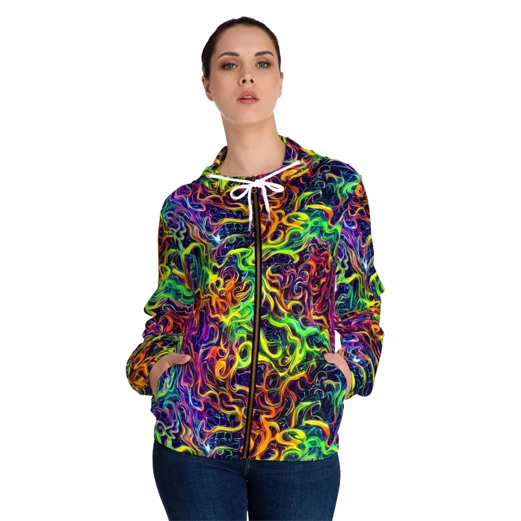 Liquid Fireworks on Women's Full-Zip Hoodie — Front On Person