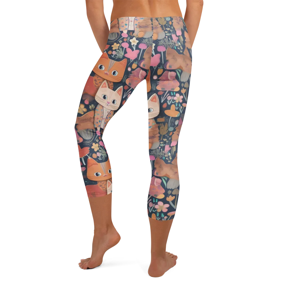 Mushroom Cat Garden on Capri Leggings — Back