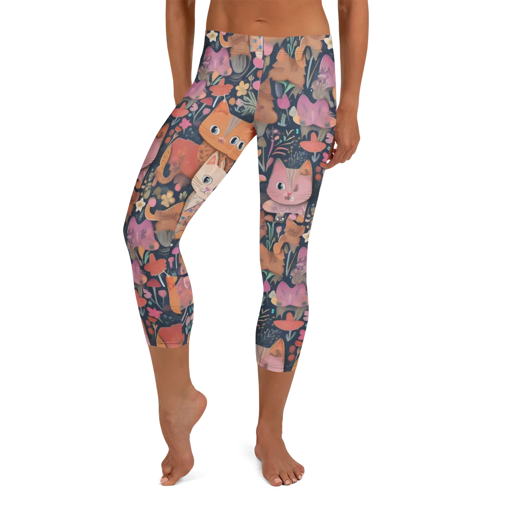 Mushroom Cat Garden on Capri Leggings — Front