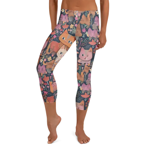 Mushroom Cat Garden on a Capri Leggings
