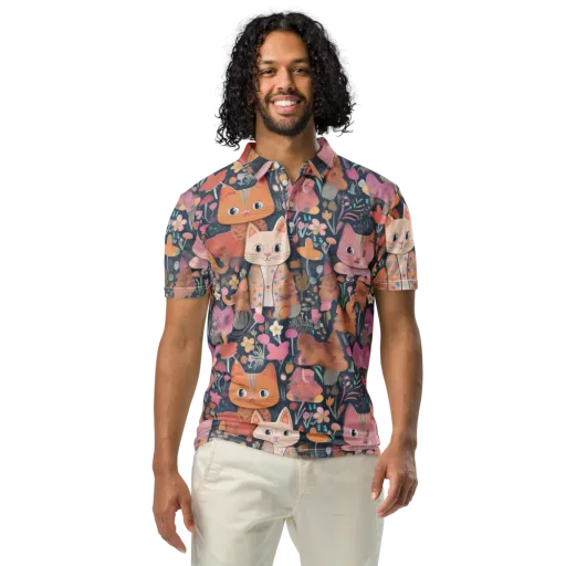 Mushroom Cat Garden on a Men's Slim Fit Polo Shirt