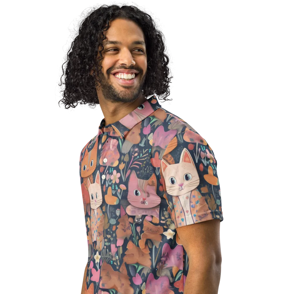 Mushroom Cat Garden on Men's Slim Fit Polo Shirt — Left Front