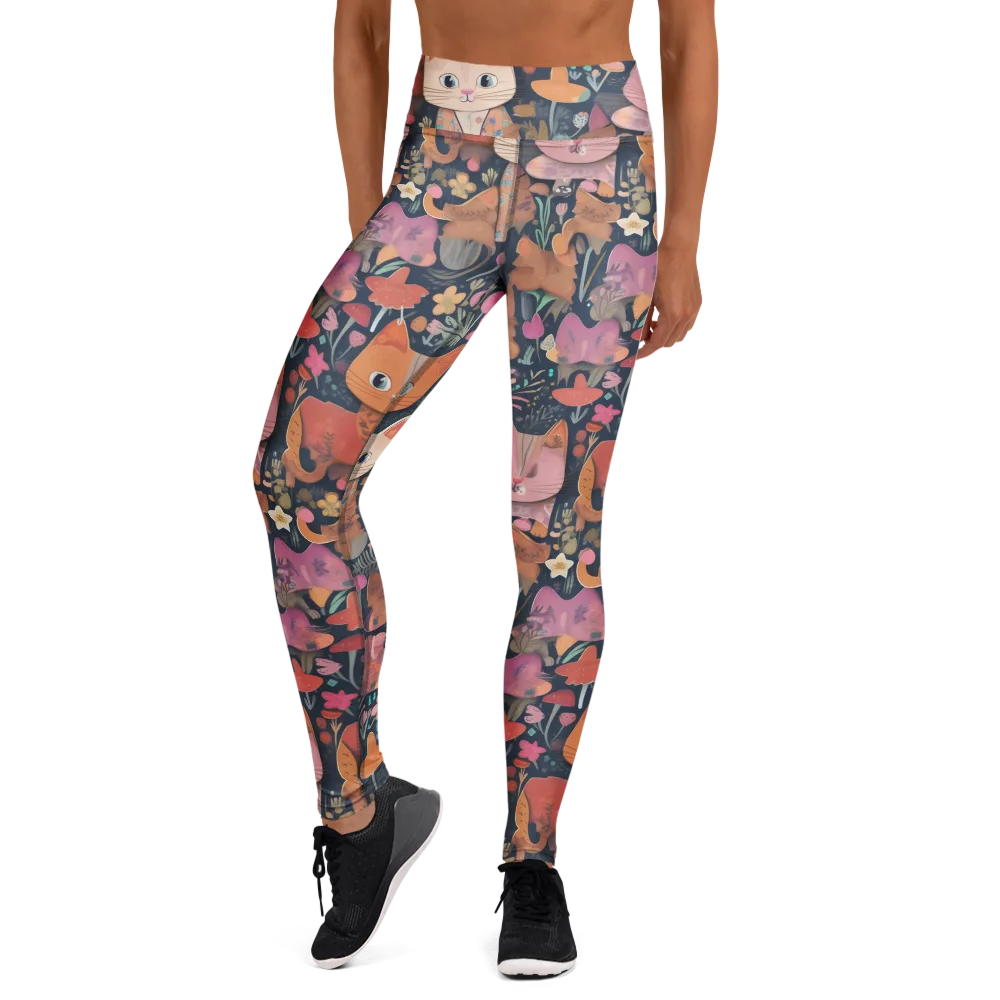 Mushroom Cat Garden on Yoga Leggings — Front