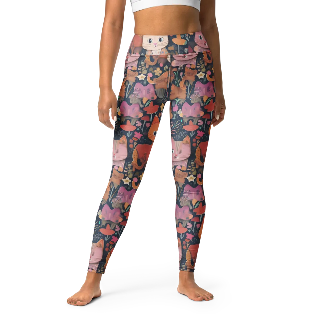Mushroom Cat Garden on Yoga Leggings — Front