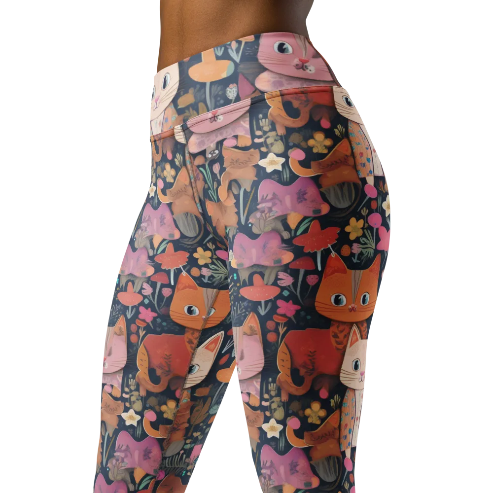 Mushroom Cat Garden on Yoga Leggings — Left Front