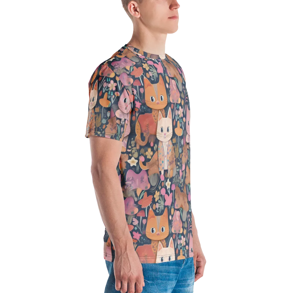 Mushroom Cat Garden on Men's Crew Neck T-Shirt — Right
