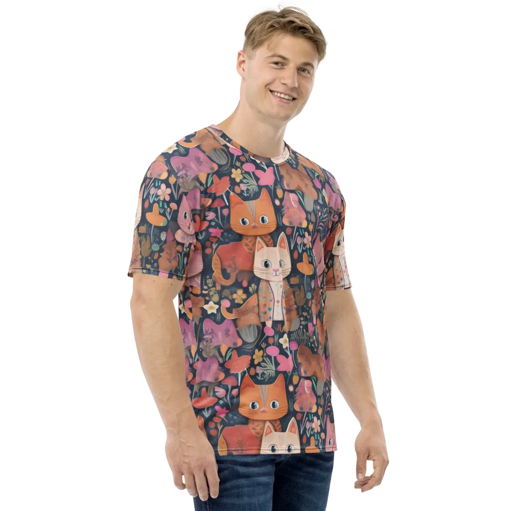 Mushroom Cat Garden on Men's Crew Neck T-Shirt — Right