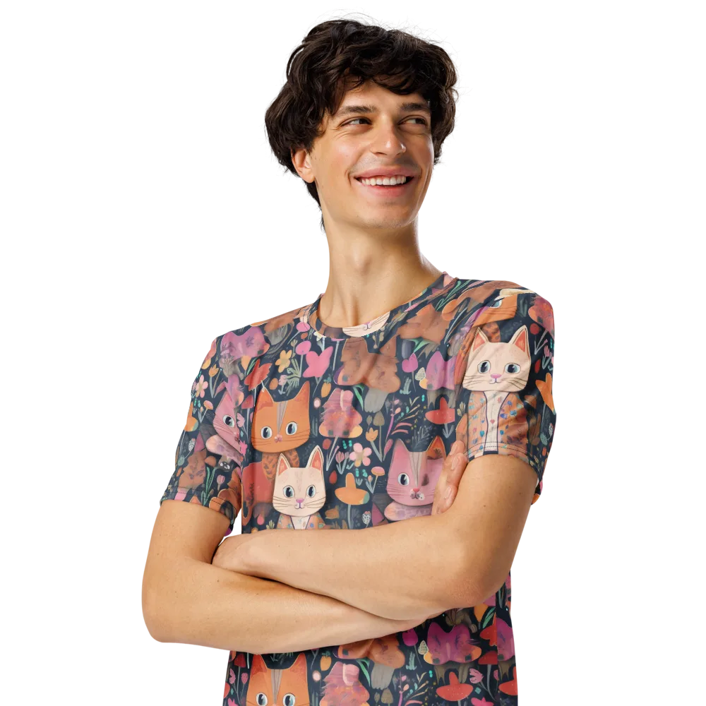 Mushroom Cat Garden on Men's Crew Neck T-Shirt — Left Front