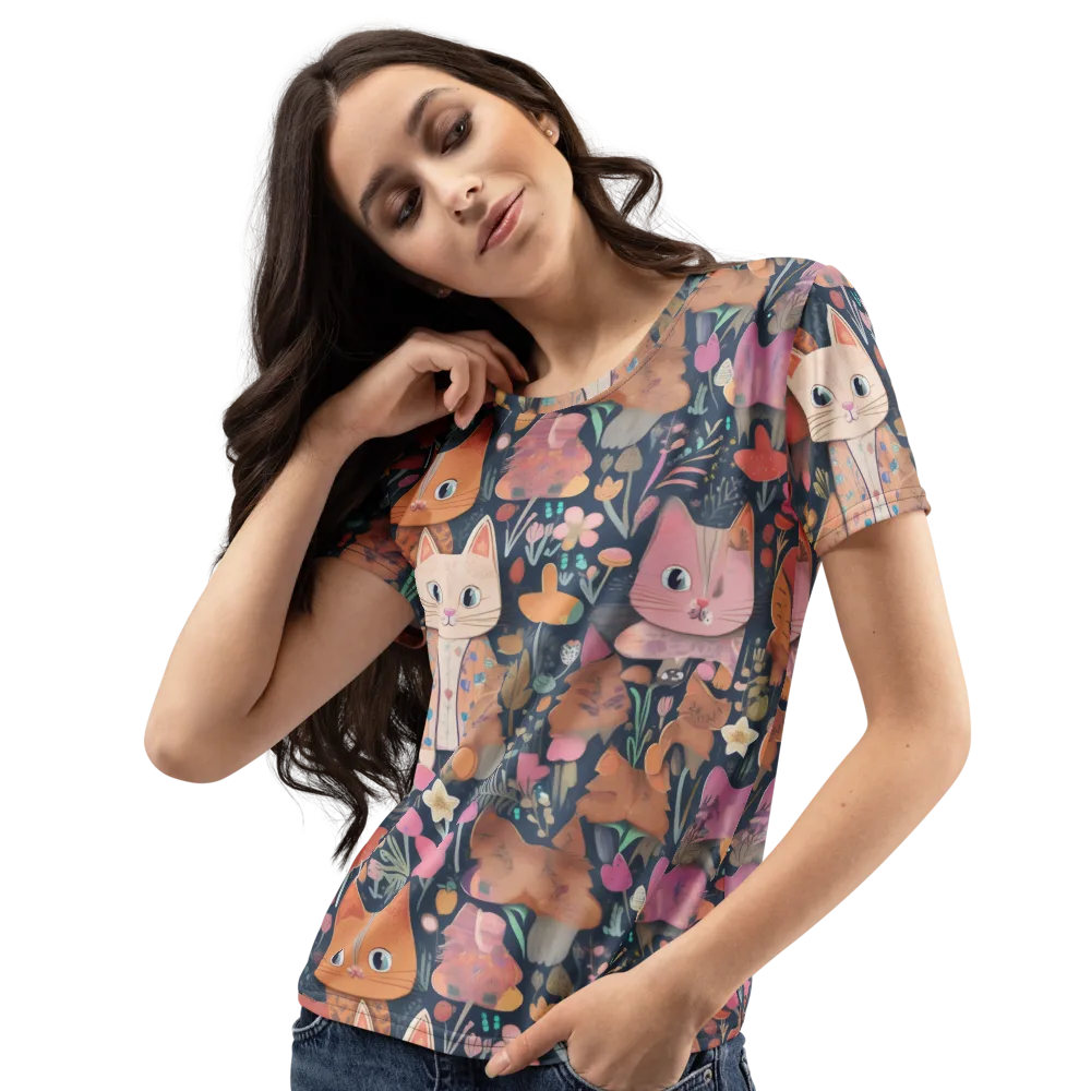 Mushroom Cat Garden on Women's Crew Neck T-Shirt — Left Front