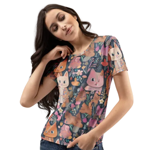 Mushroom Cat Garden on a Women's Crew Neck T-Shirt