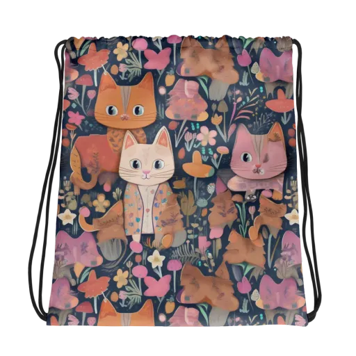 Mushroom Cat Garden on a Drawstring Bag
