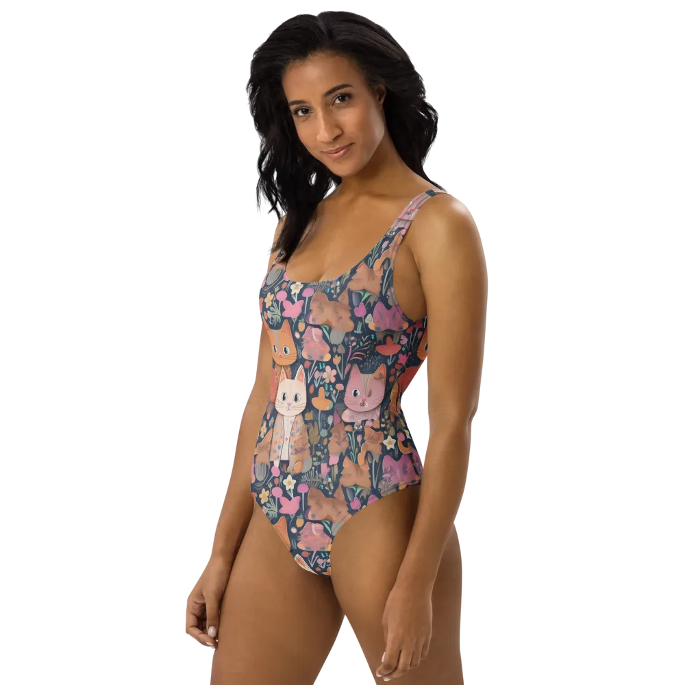 Mushroom Cat Garden on One-Piece Swimsuit — Left