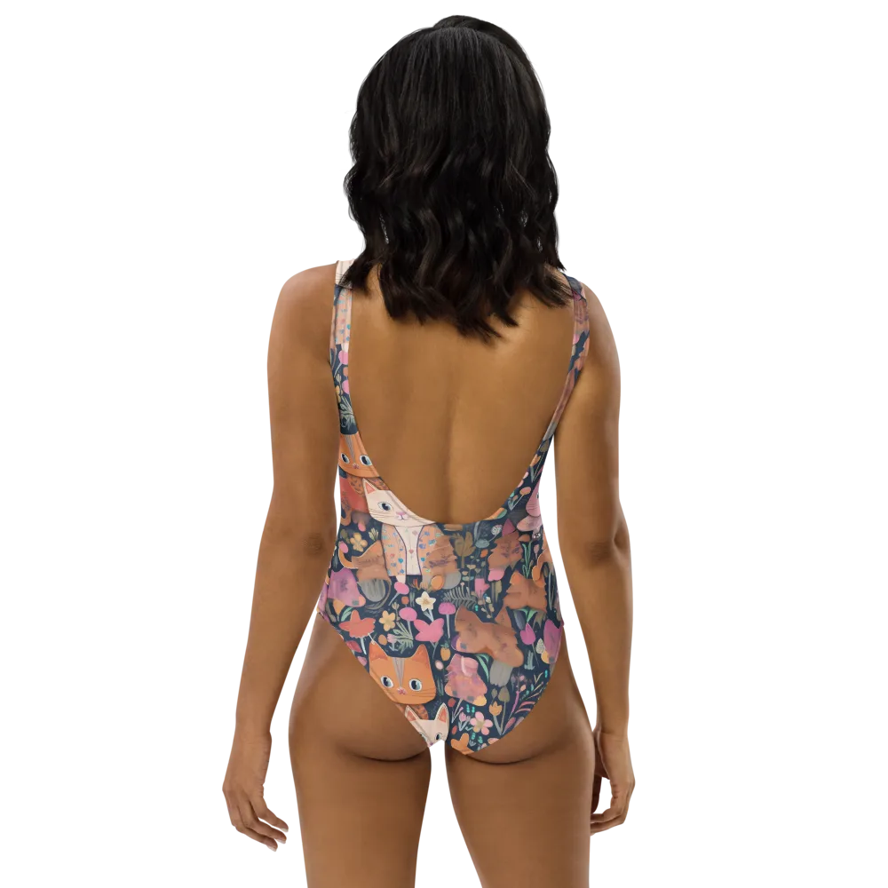 Mushroom Cat Garden on One-Piece Swimsuit — Back