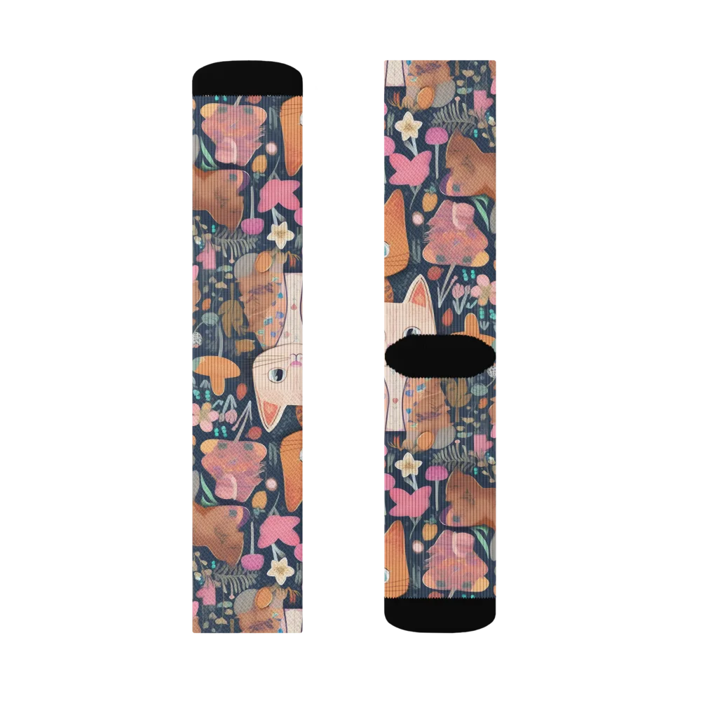 Mushroom Cat Garden on Socks — Left Sock