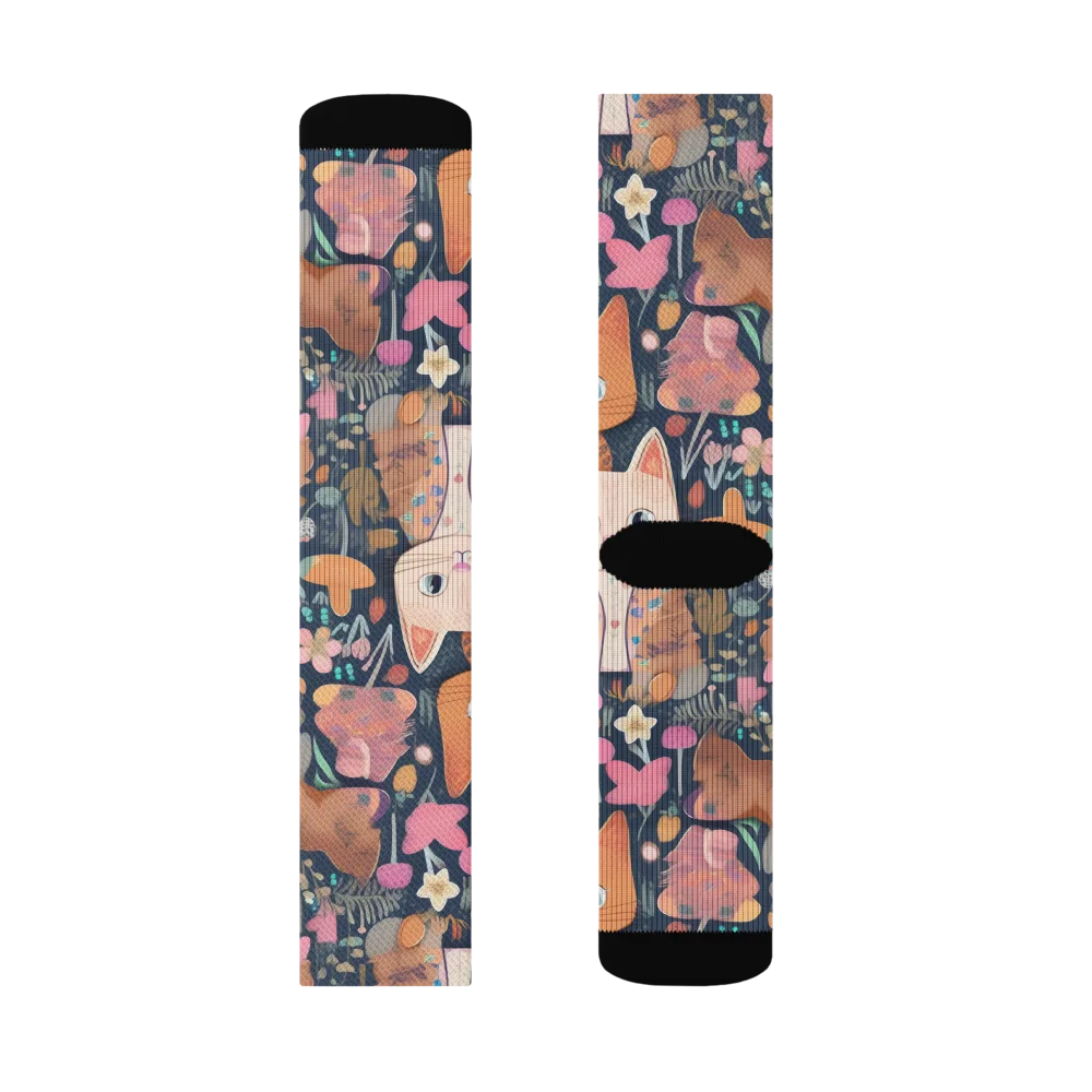 Mushroom Cat Garden on Socks — Right Sock