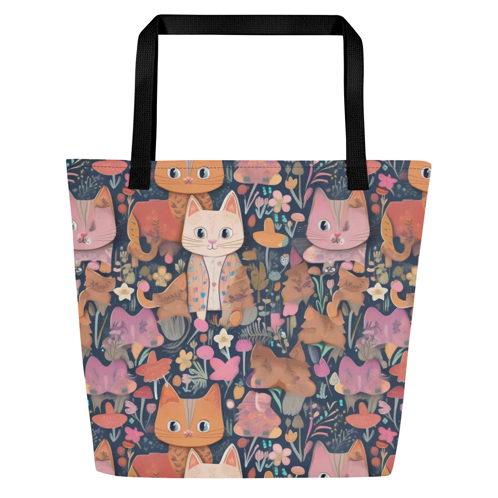 Mushroom Cat Garden on Large Tote Bag W/ Pocket — Front
