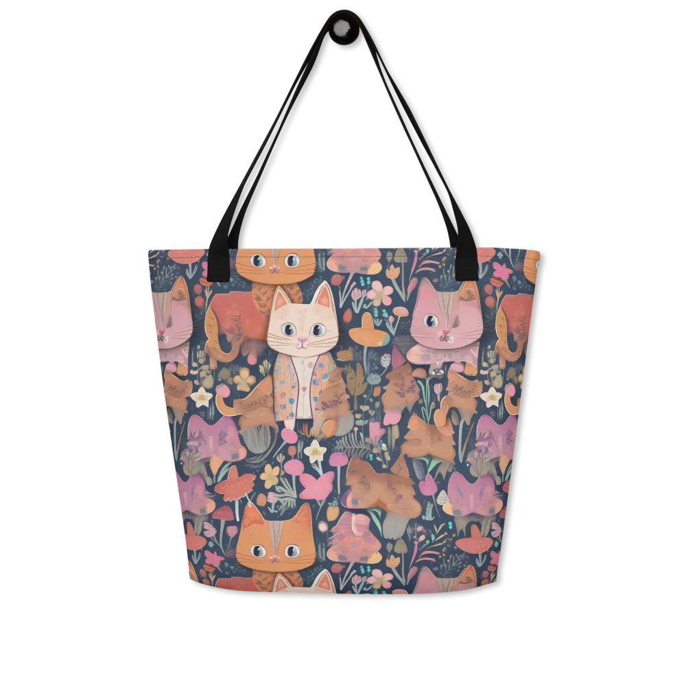 Mushroom Cat Garden on Large Tote Bag W/ Pocket — Front