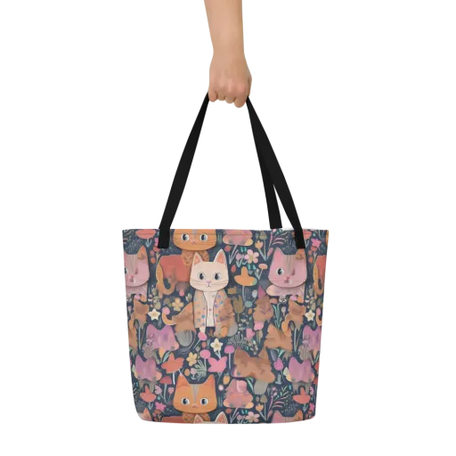 Mushroom Cat Garden on a Large Tote Bag W/ Pocket
