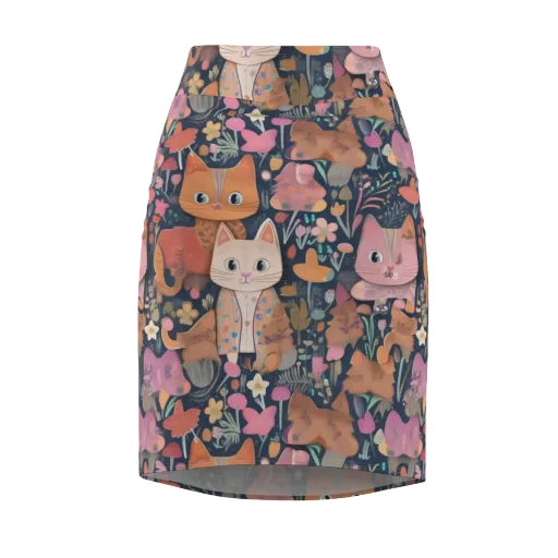 Mushroom Cat Garden on a Pencil Skirt
