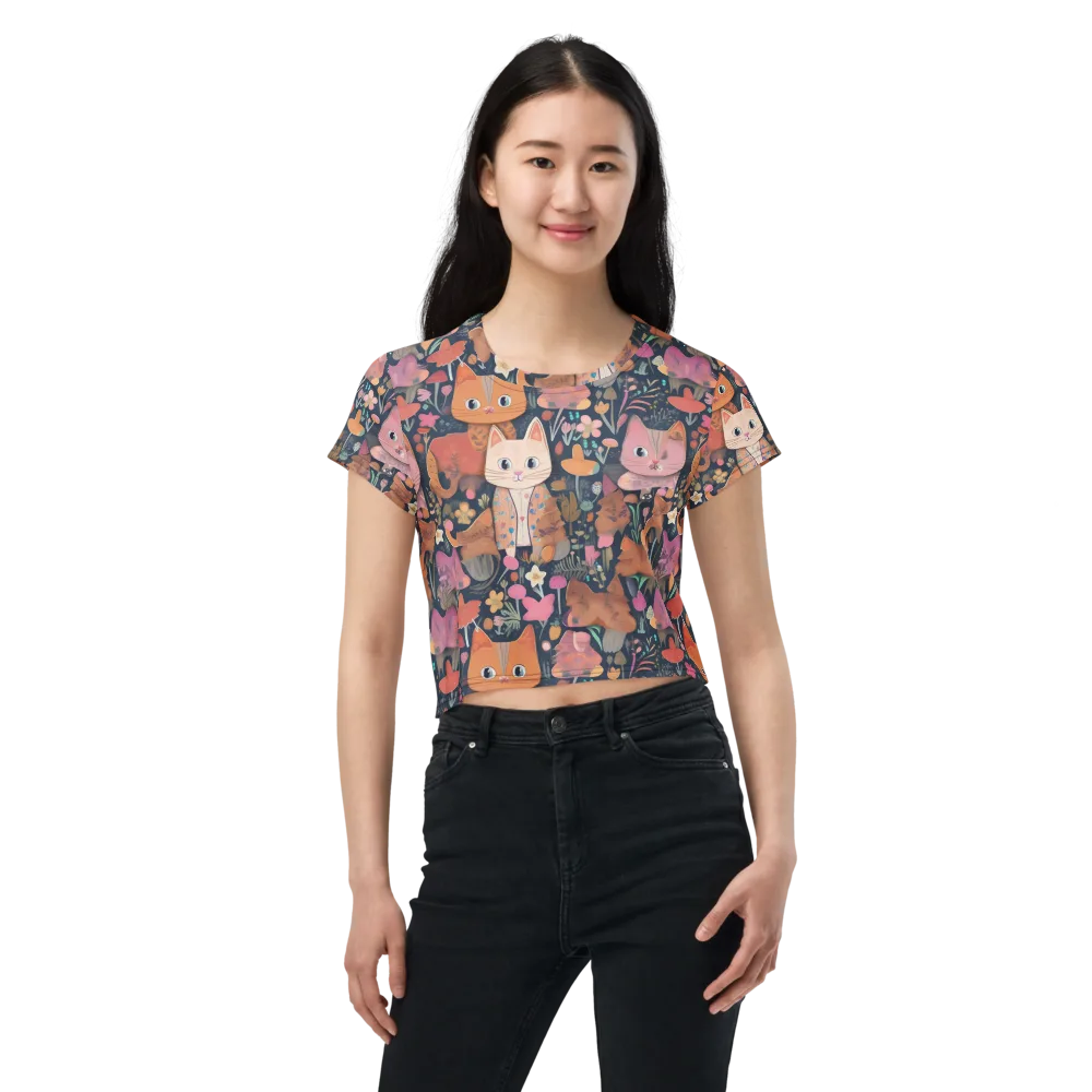Mushroom Cat Garden on Crop Tee — Front