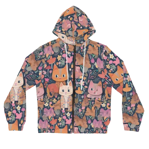 Mushroom Cat Garden on a Women's Full-Zip Hoodie